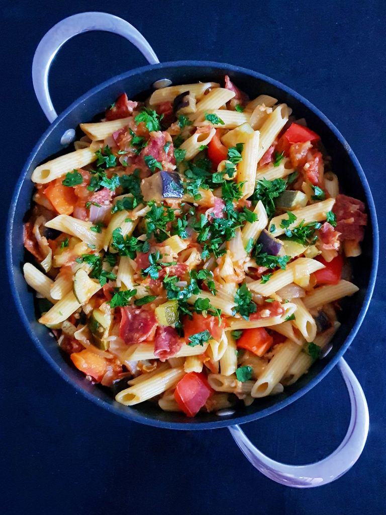 Spicy Salami & Eggplant Penne - Mummy Is Cooking